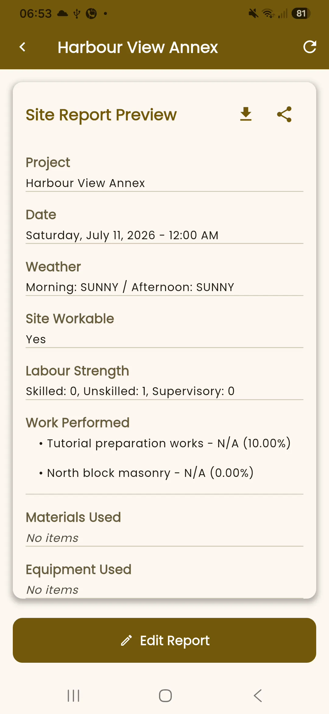 Light-mode InBuildr Site Report Preview showing synthetic weather, site conditions, labour, and work performed.