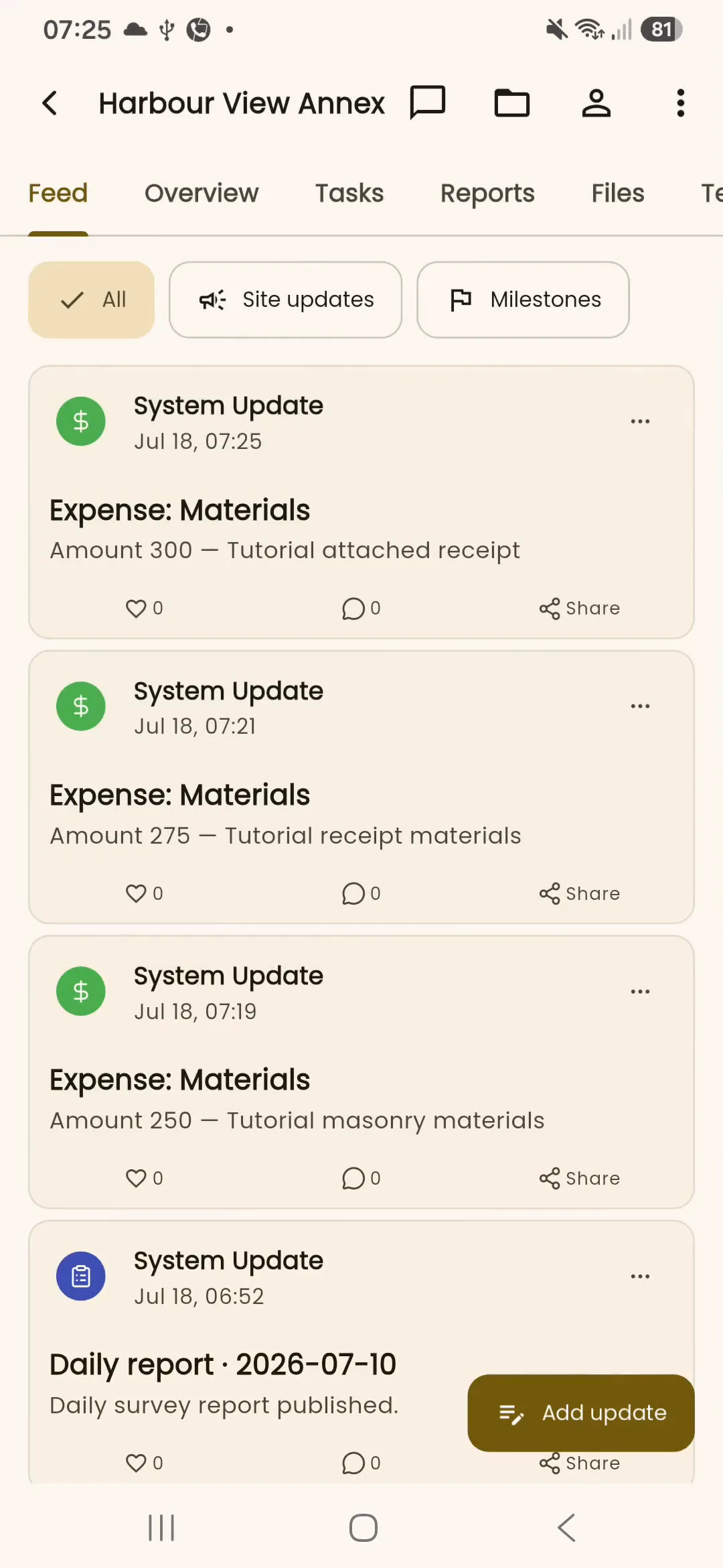 Light-mode InBuildr project feed showing the saved synthetic materials expense as a linked activity.