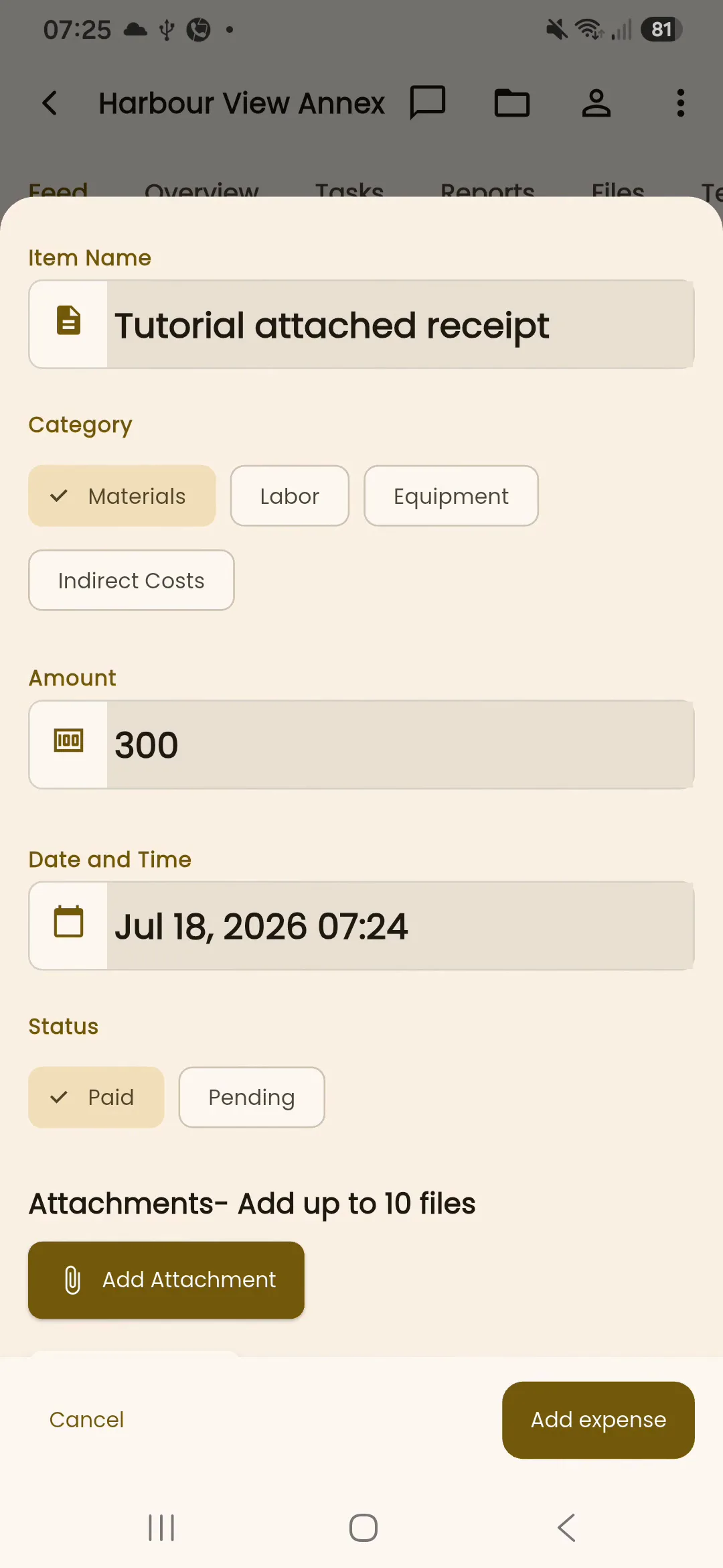 Light-mode InBuildr Add Expense form showing a synthetic materials receipt expense marked Paid and ready to save.