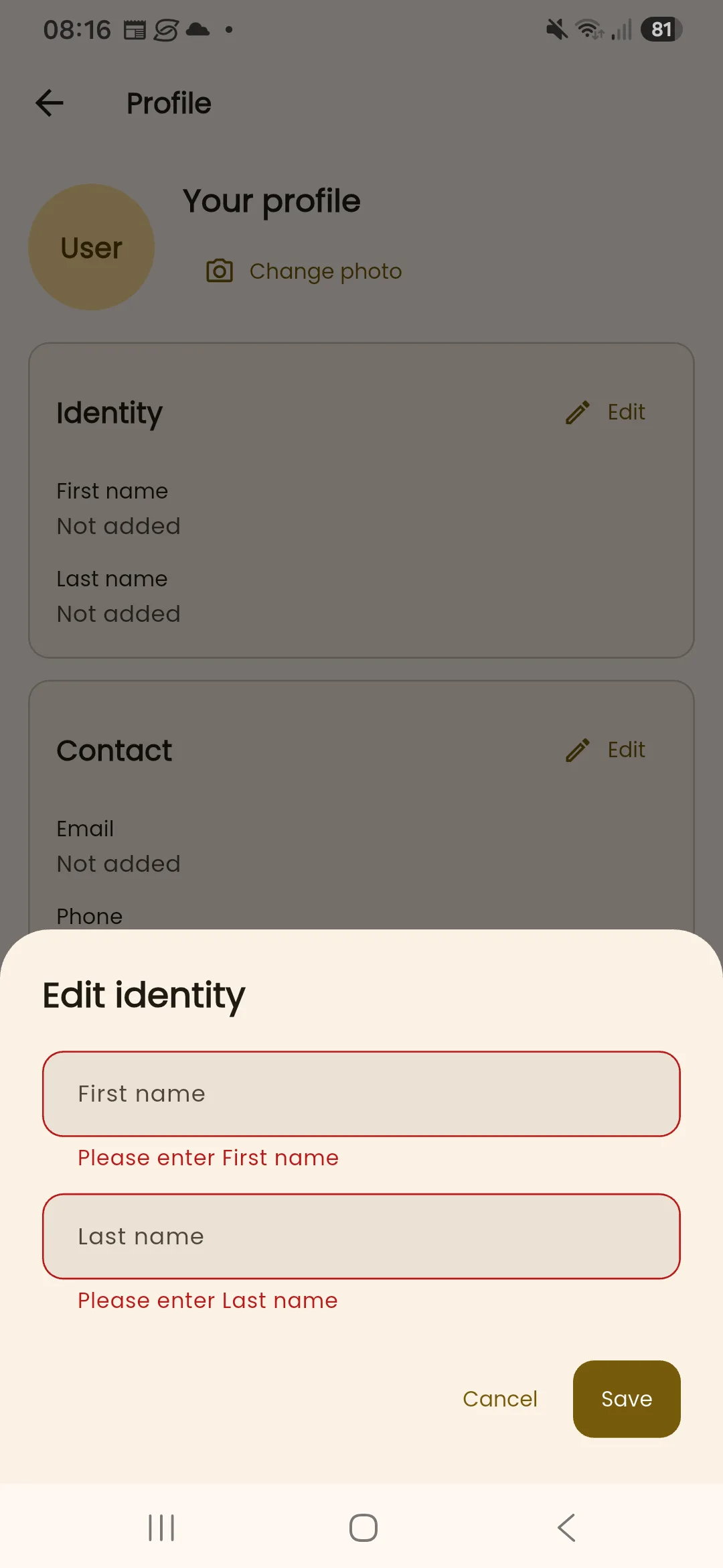 InBuildr Edit identity form in light mode showing required-field validation errors for blank first and last names.