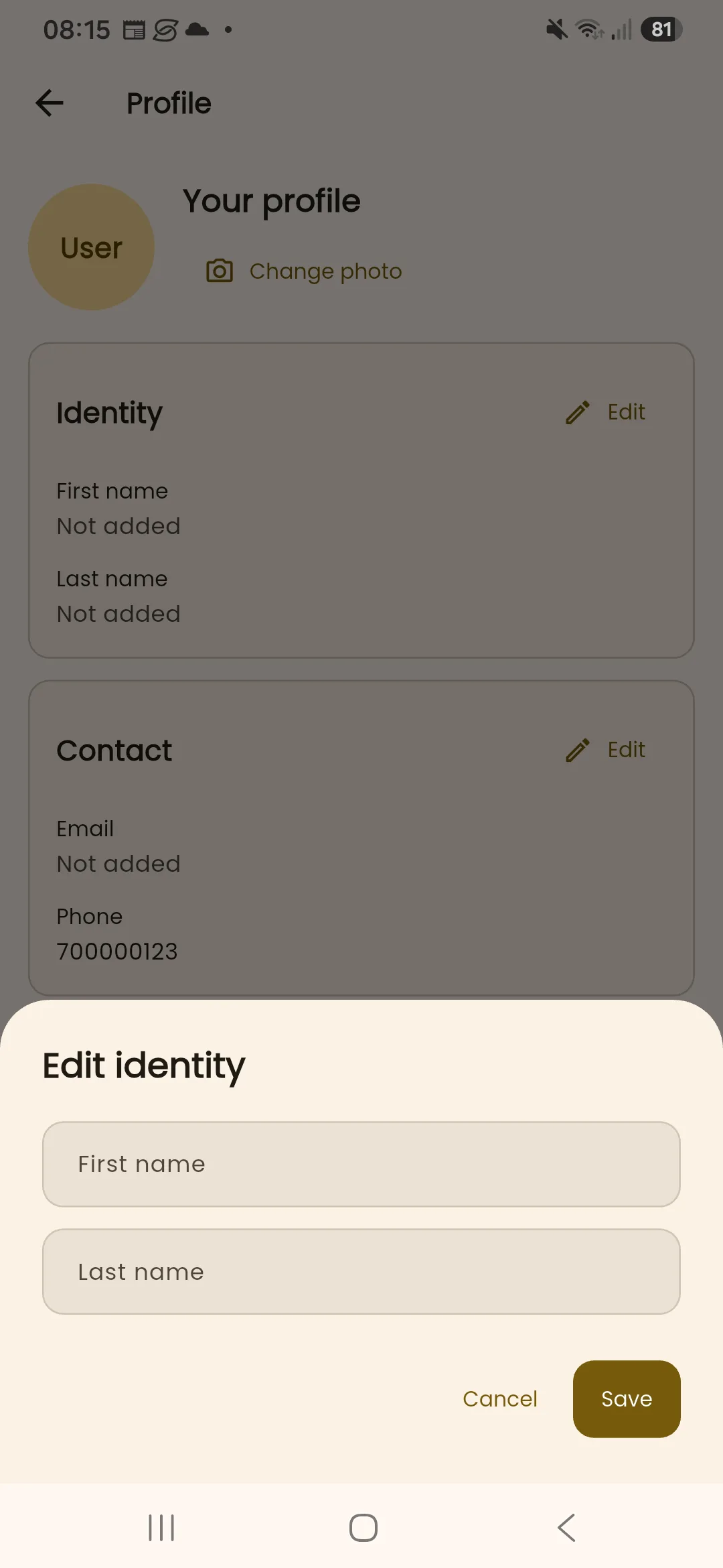 InBuildr Profile screen in light mode with the Edit identity sheet open, showing standardized first-name and last-name fields with Cancel and Save actions.