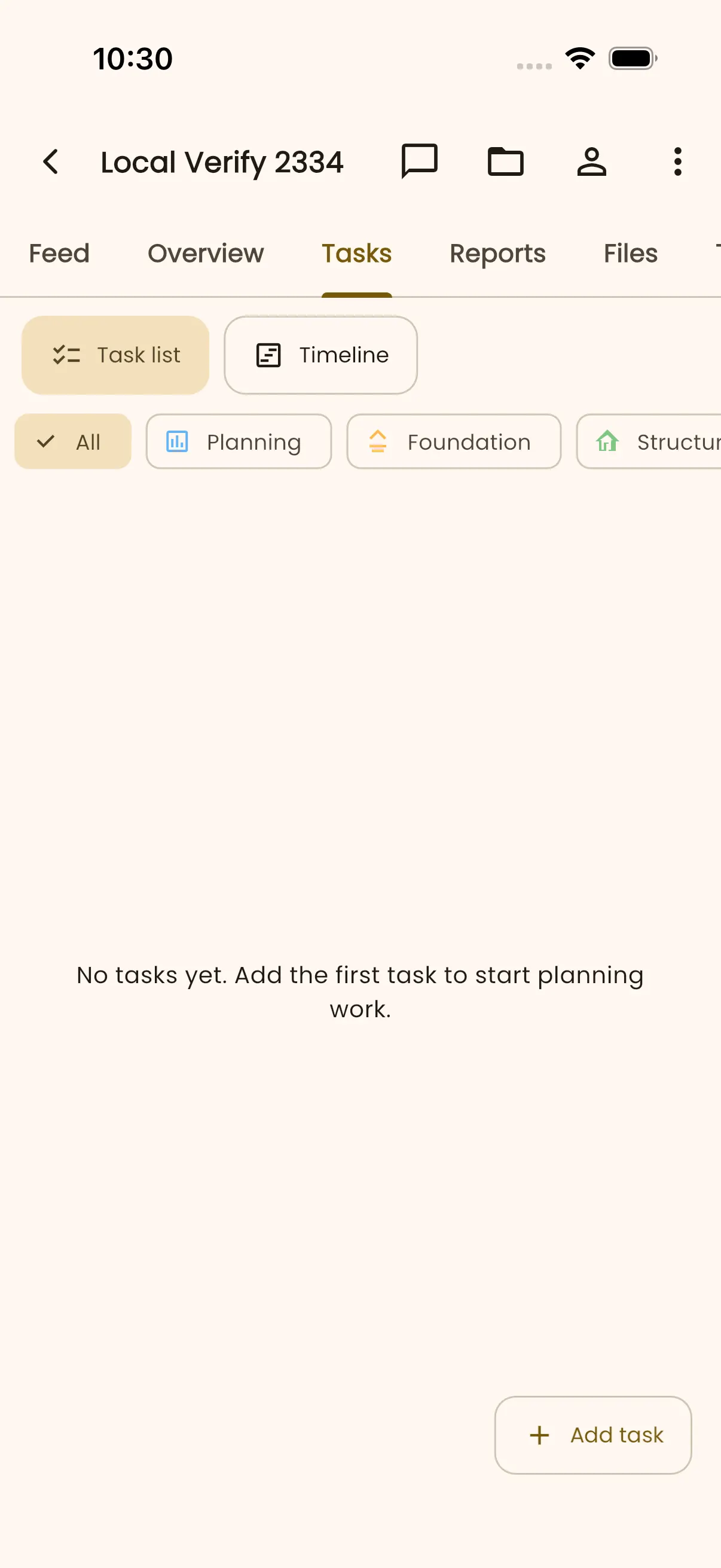 InBuildr project Tasks tab in light mode showing the programme activity list and add action.