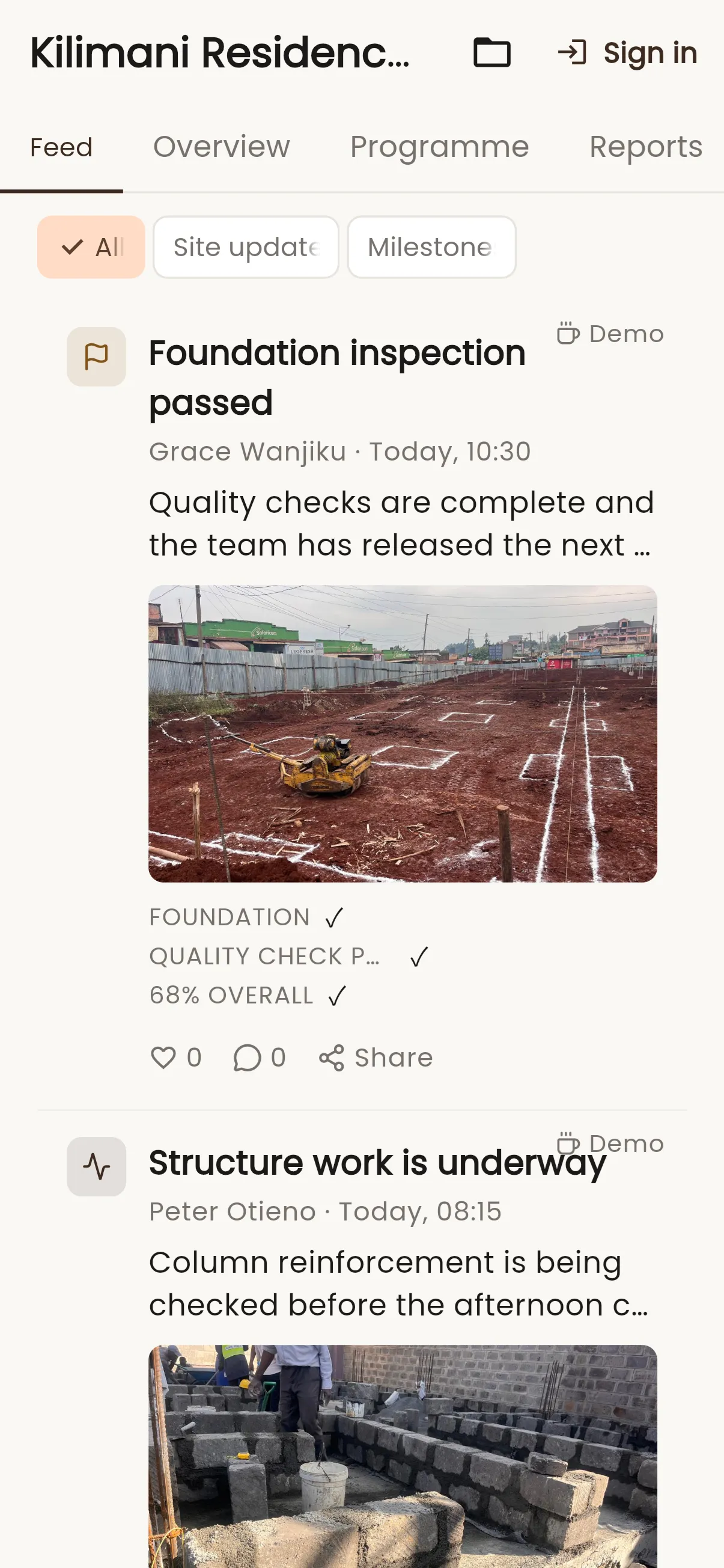 InBuildr project feed showing the Feed tab, update filters, update cards, and an Add update action.