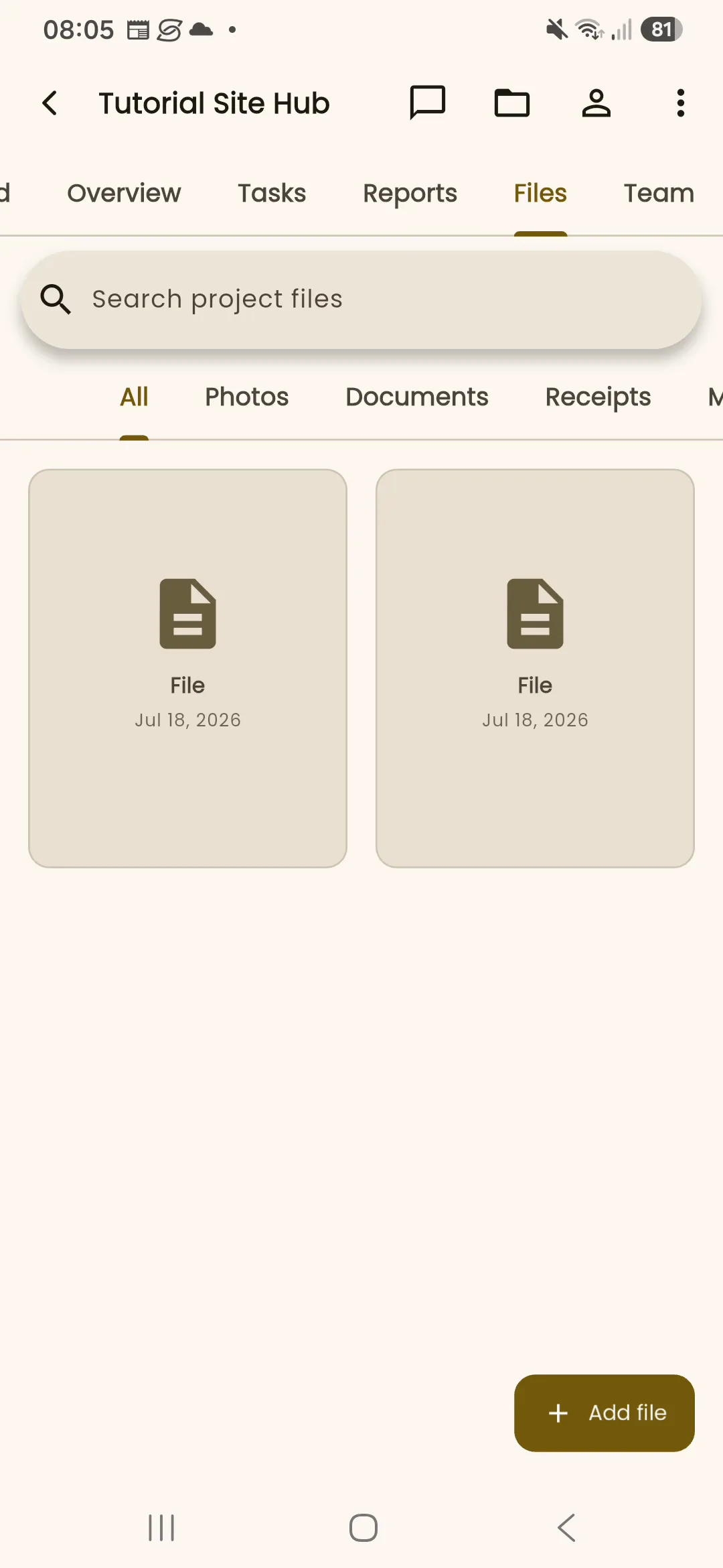 Light-mode InBuildr project Files tab showing two synthetic uploaded file cards, search, filters, and Add file.
