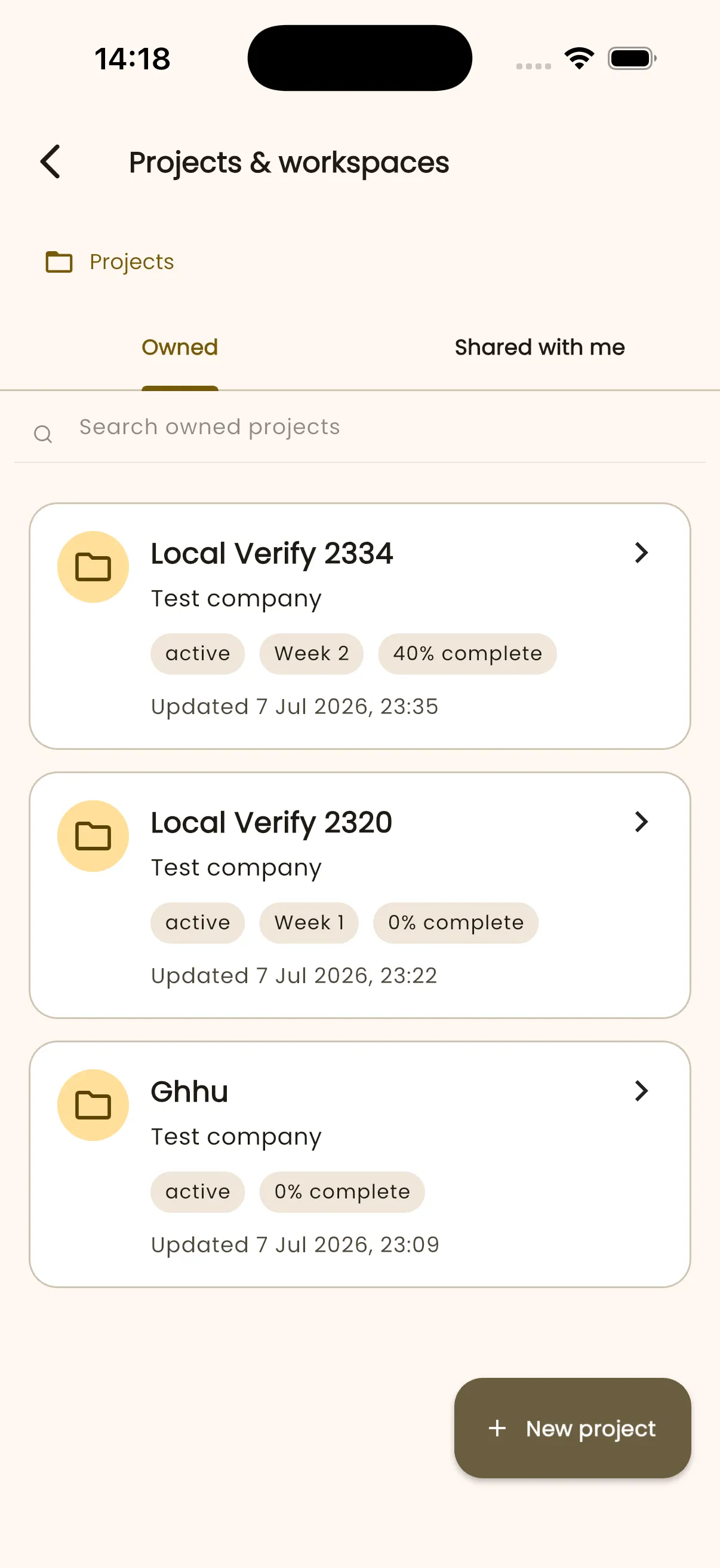 InBuildr projects and workspaces screen showing project cards and a New project button.