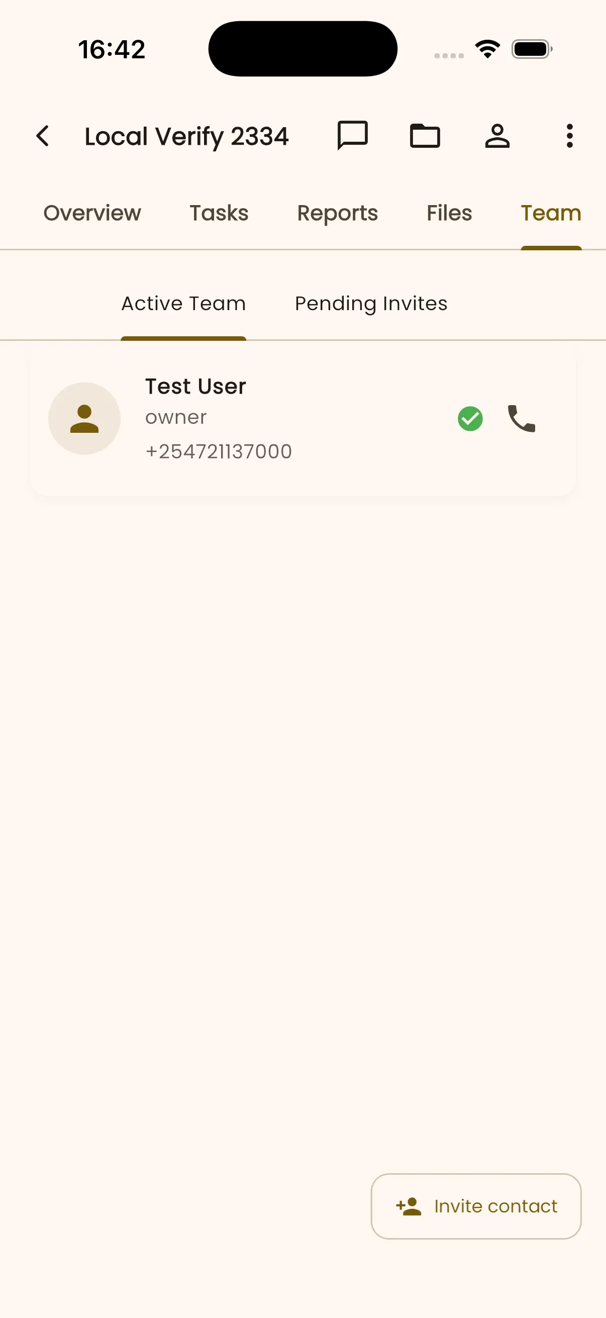 InBuildr project Team tab showing Active Team, Pending Invites, and an Invite contact action.